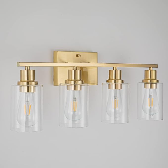 EMONG 4-Light Gold Bathroom Light Fixtures 23.6'' Brushed Gold Vanity Light Over Mirror with Clear Glass Shade Modern Wall Sconce Classic Wall Light Fixture for Hallway Porch Farmhouse Living Room