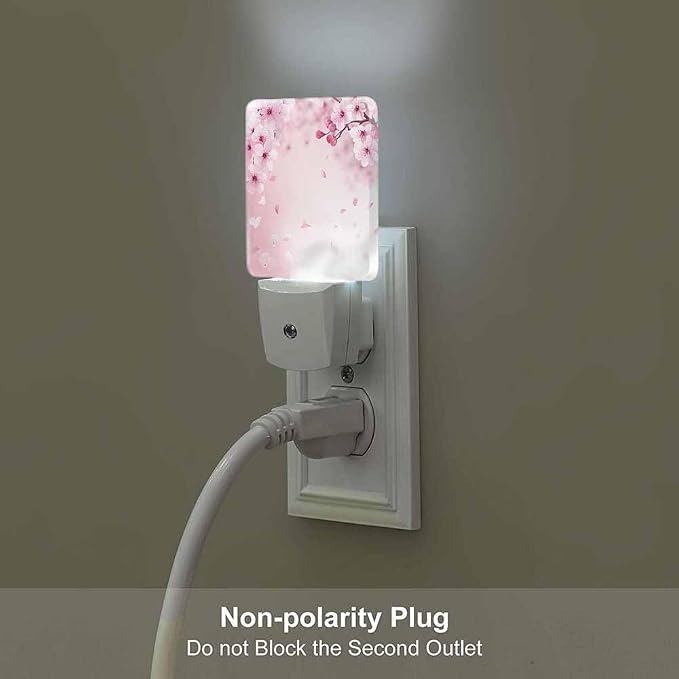 Cherry Blossoms Night Light Pink Flowers Plug into Wall with Dusk to Dawn Light Sensors 0.5W Warm Nightlights for Bedroom Bathroom Hallway