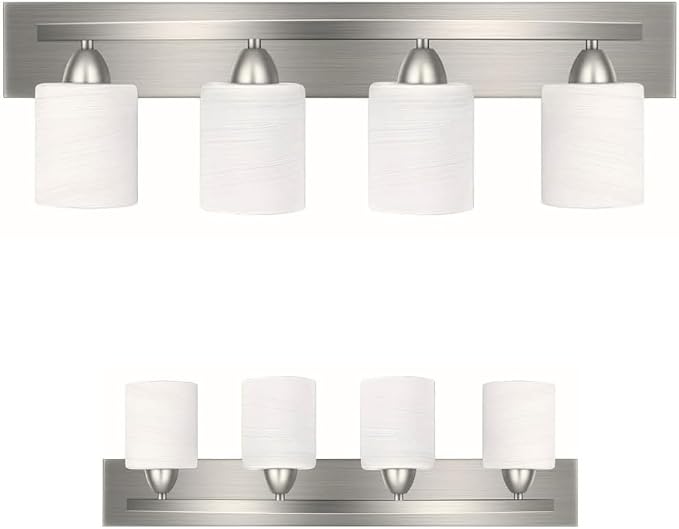 4-Light Bathroom Vanity Bar Light Fixture - Brushed Nickel | Modern Frosted glass shades with E26 socket. Matte Wall sconce lighting perfect over mirror, kitchen, hallway, or entryway