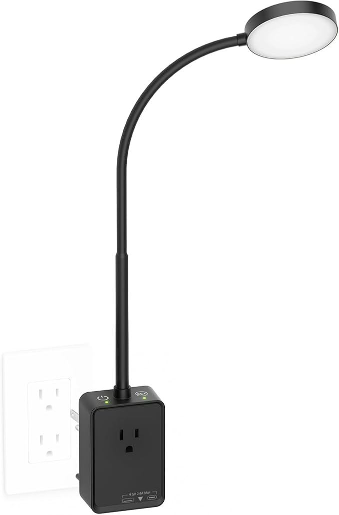 Plug in LED Book Reading Light, Black Dimmable LED Wall Sconce Lamp with Power Plug and Outlet Extender for Kitchen Bedroom Living Room, 3 Lighting Colors, USB Output Charging Ports