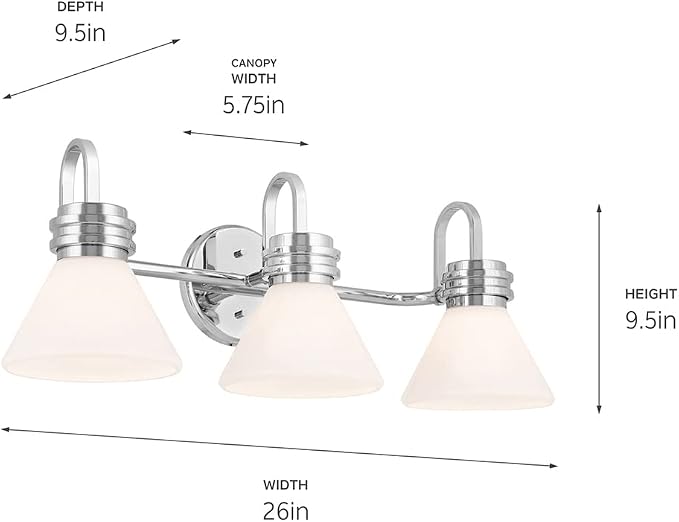 Kichler Farum 3-Light Bathroom Vanity Light, Chrome | Modern vanity light with opal glass for single or double bathroom mirrors (26" x 9.5" x 9.5"), 55155CH