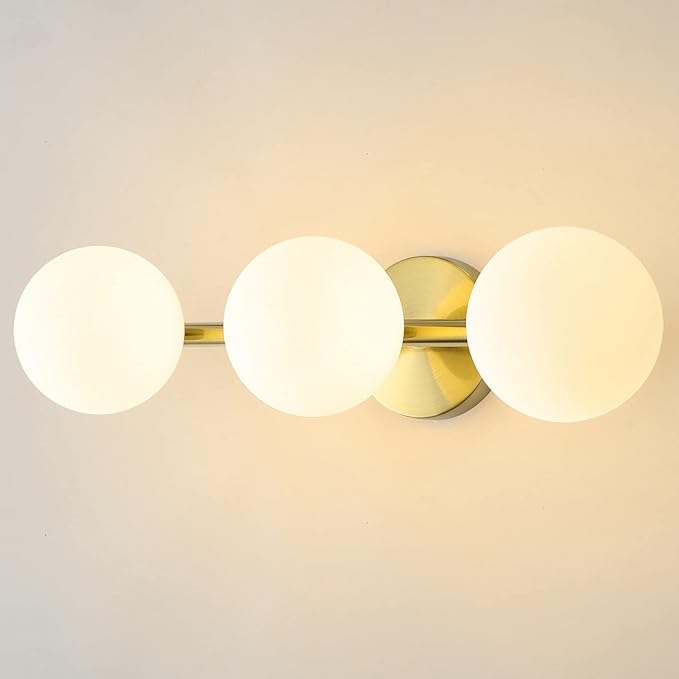 Bathroom Vanity Lights, 3-Light Bathroom Light Fixtures Gold Bathroom Lights, Mid Century Modern Brass Gold Vanity Light Dimmable Wall Sconce Wall Mount Light Fixture with Milk Glass, G9 Base