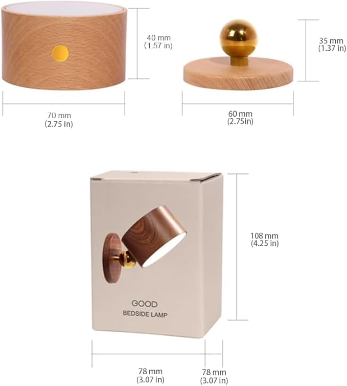 Wooden Led Wall Sconce, 360° Rotatable Dimmable Wall Lights Rechargeable Wall Lights Battery Operated Magnetic Led Night Light for Reading Light and Household Lighting (Beech Wood 1pcs)