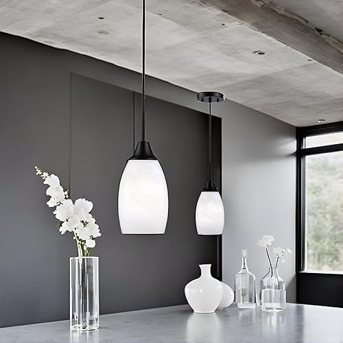 Viinew Mini Glass Pendant Light,1-Light White Oval Glass Hanging Light | 4.72" Handblown White Swirl Art Glass Hanging Pendant Light for Kitchen Dining Room Living Matte Black Metal