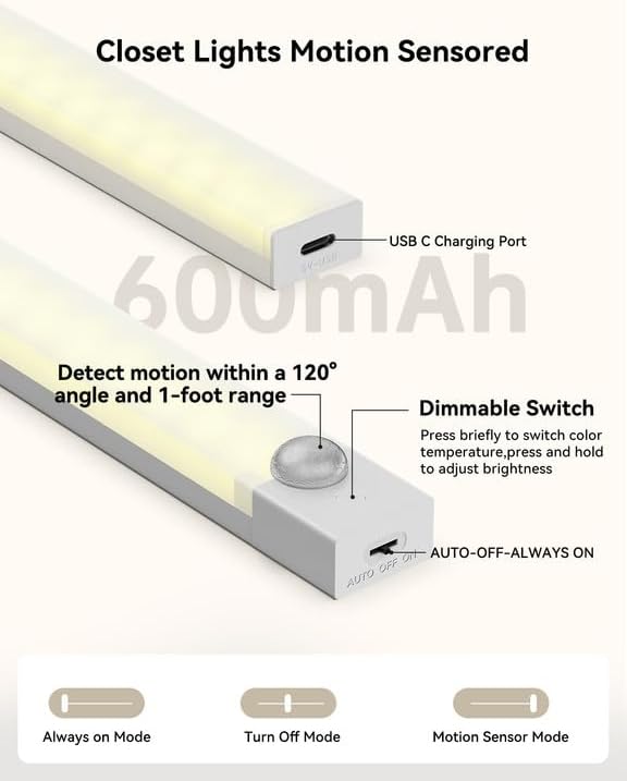Under Cabinet Lights 4 Inch 6-Pack, Rechargeable Motion Sensor Light Indoor 3 Colors, Dimmable Closet Lights, Wireless Under Counter Lights for Kitchen, Stairs