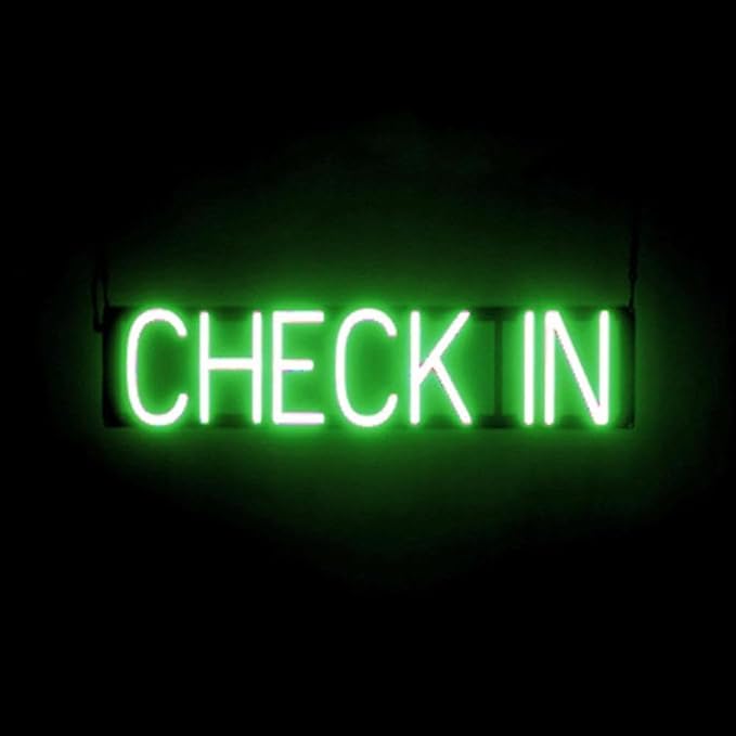 LED Neon CHECK IN Sign for Business - Green, 27" x 6" | Ultra-Bright Click-Together Signage for Hotels & Motels, with Visibility from 500 ft - 8 Animations, 6 Brightness Options