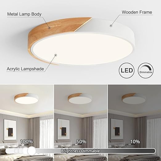 Modern Dimmable Wood Ceiling Light, White Flush Mount Ceiling Light Fixture, 5CCT Minimalist Round Ceiling Lamp for Bedroom Hallway Entryway Laundry Room Dining Room, 15.74"