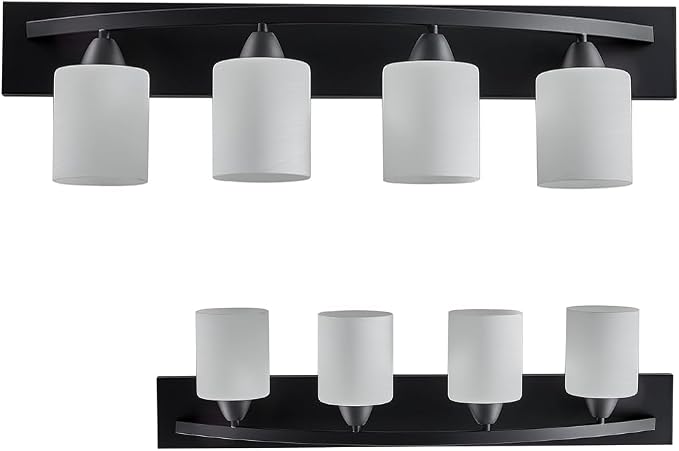 4-Light Bathroom Vanity Bar Light Fixture - Matte Black | Modern Frosted glass shades with E26 socket. Matte Wall sconce lighting perfect over mirror, kitchen, hallway, or entryway