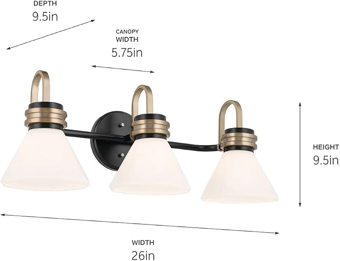 Kichler Farum 3-Light Bathroom Vanity Light, Black | Modern vanity light with opal glass and champagne bronze accents (26" x 9.5"), 55155BK
