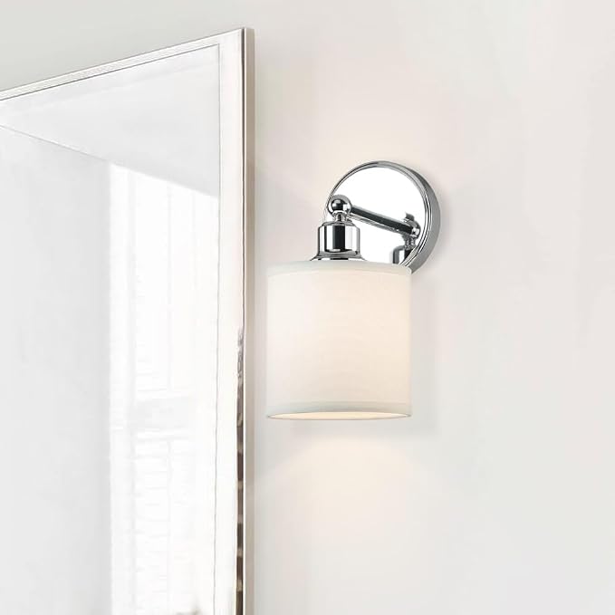 XiNBEi Lighting Chrome Bathroom Wall Sconce 1 Light with Drum Fabric Shade | Modern Single Vanity Light Fixture Next to Mirror, Wall Light For Bath Bedroom Living Room Kitchen Hallway Foyer