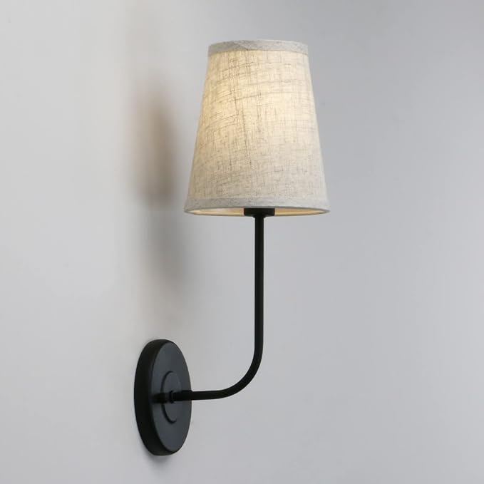 Rustic Vintage Wall Sconce Set of 2 Single Sconce Light with Flared Funnel Linen Fabric Shade Nightstand Lamps for Bedrooms Bedside Reading Living Room (Matt Black)