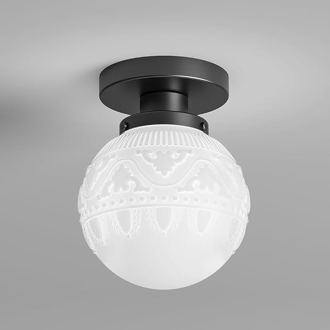 Daunton Semi Flush Mount Ceiling Light, Modern Globe Milk Glass Ceiling Light Fixture, Vintage Small Black Hallway Light Fixtures for Kitchen, Entryway, Bathroom, Closet