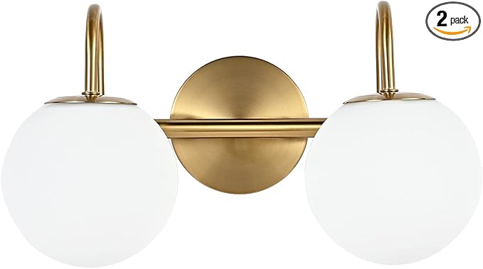 Modern Bathroom Vanity Light Fixtures 2 Lights Brushed Brass Milk White Globe Glass Shade Modern Wall Bar Sconce Lighting Bath Vanity Lights Over Mirror (Exclude G9 Bulb)