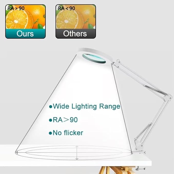 YOUKOYI LED Magnifying Lamp Metal Swing Arm Magnifier Lamp -10 Levels Brightness, 3 Color Modes, 5X Magnification, 4.1" Diameter Glass Lens, Adjustable Industrial Clamp for Reading/Office/Work (White)