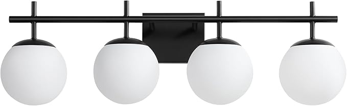Bathroom Lighting Fixtures Over Mirror, 4-Light Matte Black Vanity Light, 30.7 Inch Modern Bathroom Light Fixtures with Milky White Glass Globe Shade Bath Vanity Lighting Fixtures Wall Sconce