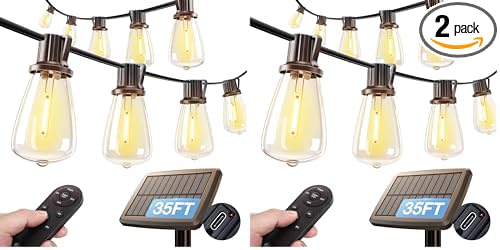addlon 35FT Solar String Lights Outdoor, IP54 Waterproof Solar Powered with Remote & USB Port, 10+1 LED Shatterproof Bulbs, Dimmable Solar Light Outdoor for Camping Backyard Bistro Porch (Pack of 2)