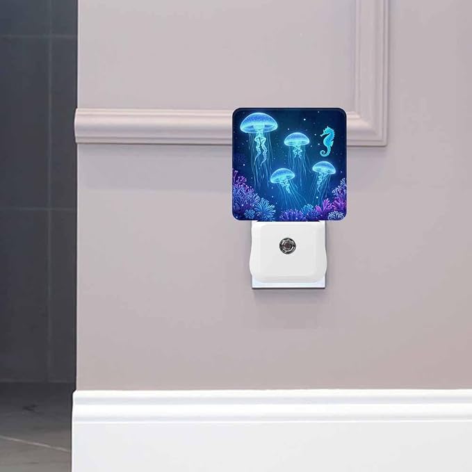 Jellyfish Seahorse LED Night Lights Plug into Wall Blue Underwater World Animal 0.5W Plug in Night Light, Dusk to Dawn, Bright Nightlight Auto On/Off, for Room Bedroom Bathroom