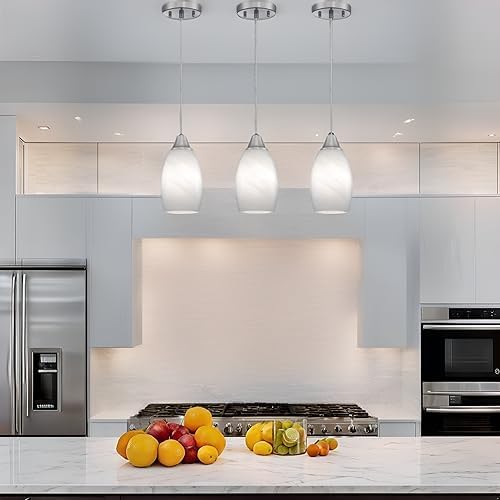 Viinew 3-Pack Glass Pendant Light,Mini White Swirl Glass Pendant Light | Handblown White Art Oval Glass Hanging Pendant Light for Kitchen Island Dining Room Living Foyer Brushed Nickel Finish