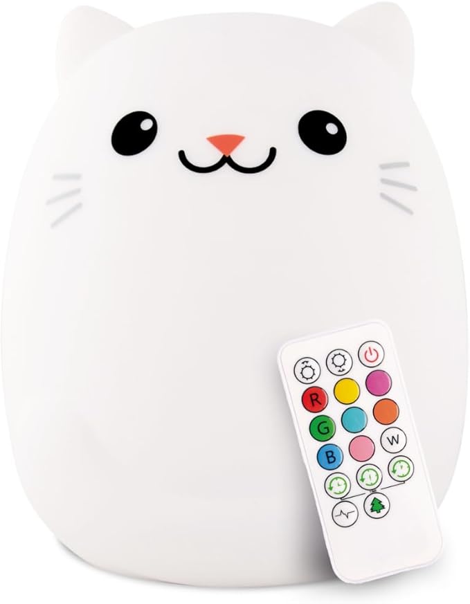 Lumipets Clive The Cat Squishy Silicone Night Light for Kids | Cute Night Light with Remote & Touch Control for Baby & Toddler Bedrooms | Color Changing Portable Animal Nightlight | Kids Mood Lamp