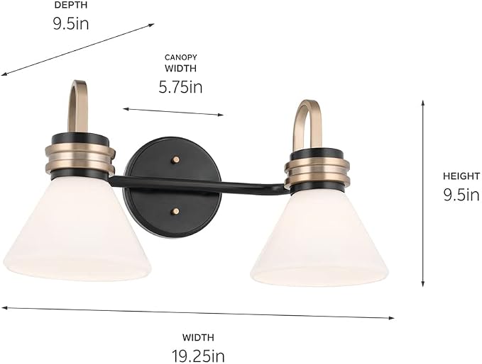 Kichler Farum 2-Light Bathroom Vanity Light, Black | Damp-rated vanity light with opal glass and champagne bronze accents (19.25" x 9.5"), 55154BK