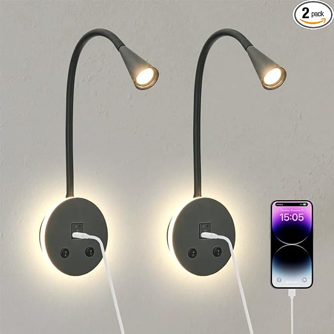 Black Headboard Reading Light with Nightlight, 2 Pack Wall Mounted Reading Lights with Switch, Plug-in Hardwired Reading Lamp for Bedtime Reading, Gooseneck Reading Sconces for Bedroom, Bedside