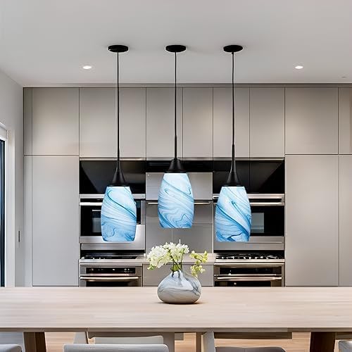Viinew Mini Glass Pendant Light,3-Pack Blue Marble Glass Pendant Lights | Handblown Blue Marble Oval Art Glass Lamp Ceiling Hanging Light 4.72" Small Chandelier for Dining Room Kitchen