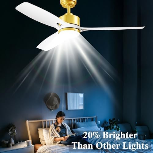 52 Inch Ceiling Fans with Lights and Remote Control - Outdoor Indoor Flush Mount Low Profile White Gold Ceiling Fans for Living Room,Bedroom,Patio