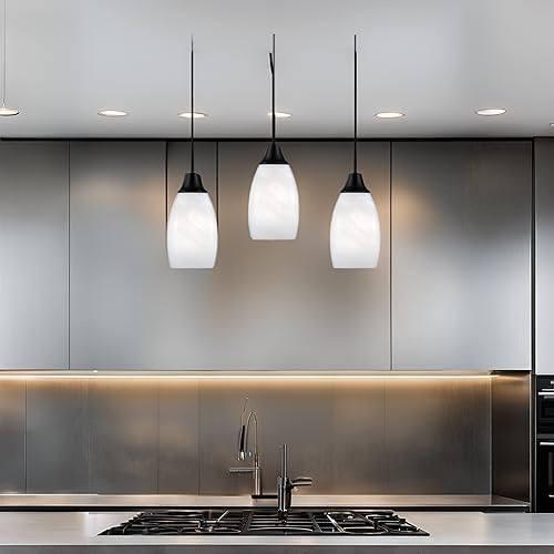 Viinew Mini Glass Pendant Light,1-Light White Oval Glass Hanging Light | 4.72" Handblown White Swirl Art Glass Hanging Pendant Light for Kitchen Dining Room Living Matte Black Metal