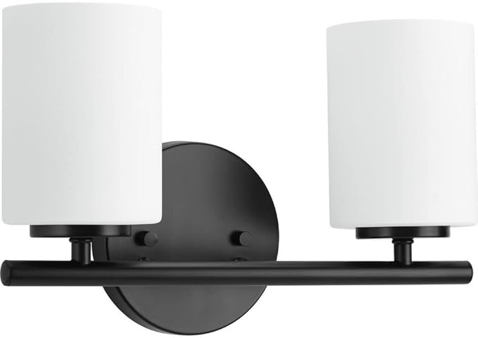 Progress Lighting 2-Light Bathroom Vanity Light, Modern Bath Lighting Fixture with Etched White Glass Shades for Over the Mirror, Reversible Mounting, Replay Collection, Textured Black