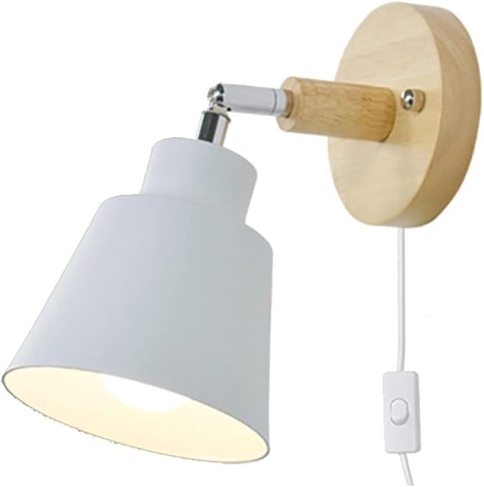 Nordic Minimalist Rotation Wall Lamp Wood Metal Plug in Wall Sconces W/ Switch Wall Mounted Lighting Fixture for Kids Bedroom Bedside Reading Living Room Corridor Hotel ( Color : White , Size : 12cm*1