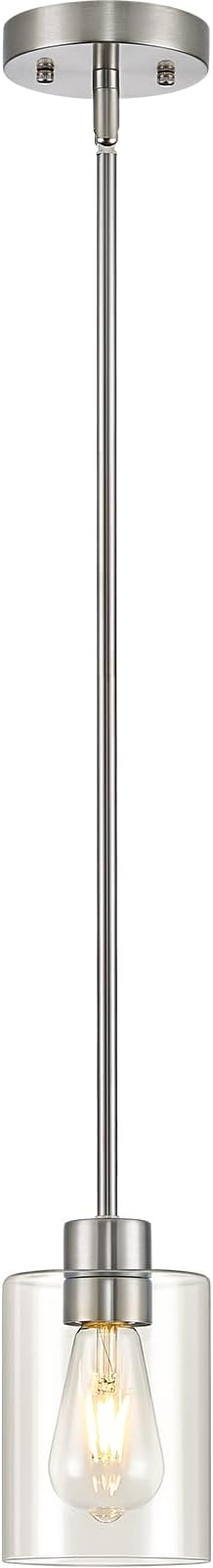 Modern Farmhouse Brushed Nickel Pendant Lights, Mini Hanging Light Fixture with Clear Glass Shade, Adjustable Rods for Kitchen Island, Sink, Bar (1 Pack)
