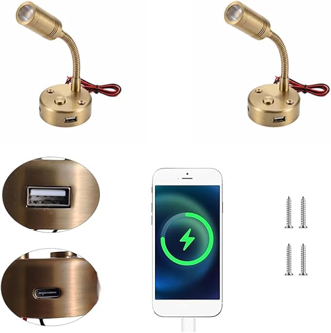 12VDC RV Reading Light with Dual USB Port(USB and USBC), LED Wall Lamp with Switch, for Camper Trailer Boat, Vintage Brass Finish,(2-Pack 3000K Dimming) | USB+Type-c,Dimmable,12v reading lighting