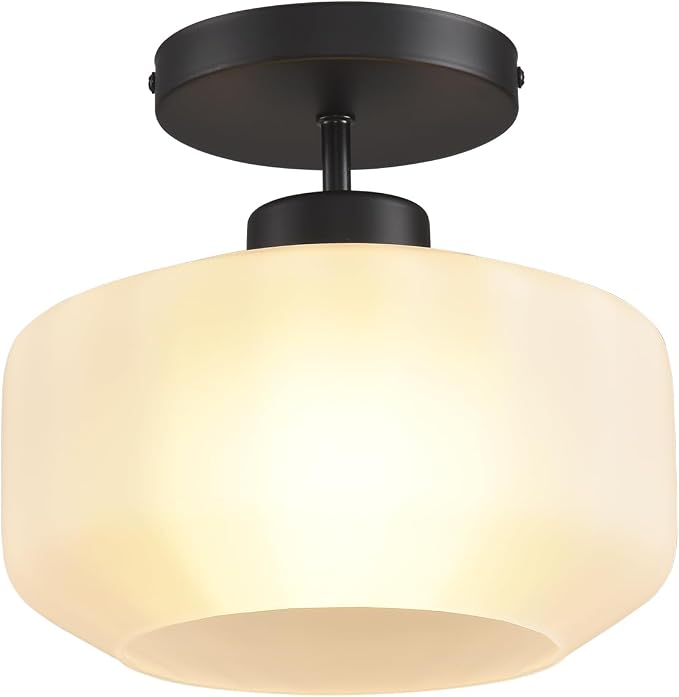 Industrial Black Matte Light Fixtures Ceiling Mount, with Frosted Glass Shades Semi Flush Mount Ceiling Light, for Hallway Fixtures Kitchen, Foyer