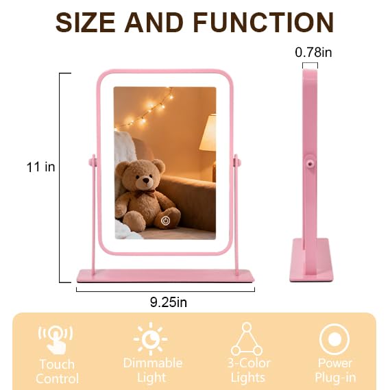 YEKKOPT Portable Desk Vanity Mirror with Lights,11"×9" Small Pink Rechargeable Makeup Mirror with Lights,Smart Touch Screen with 3-Color Lighting,Dimmable,for Dorm Tabletop,Bedroom,Decor
