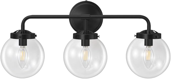 Black Bathroom Vanity Light Fixtures Over Mirror, Modern Matte Black 3 Lights Wall Sconce Lighting with Transparent Glass Ball Shade, Mid Century Farmhouse Vanity Lights