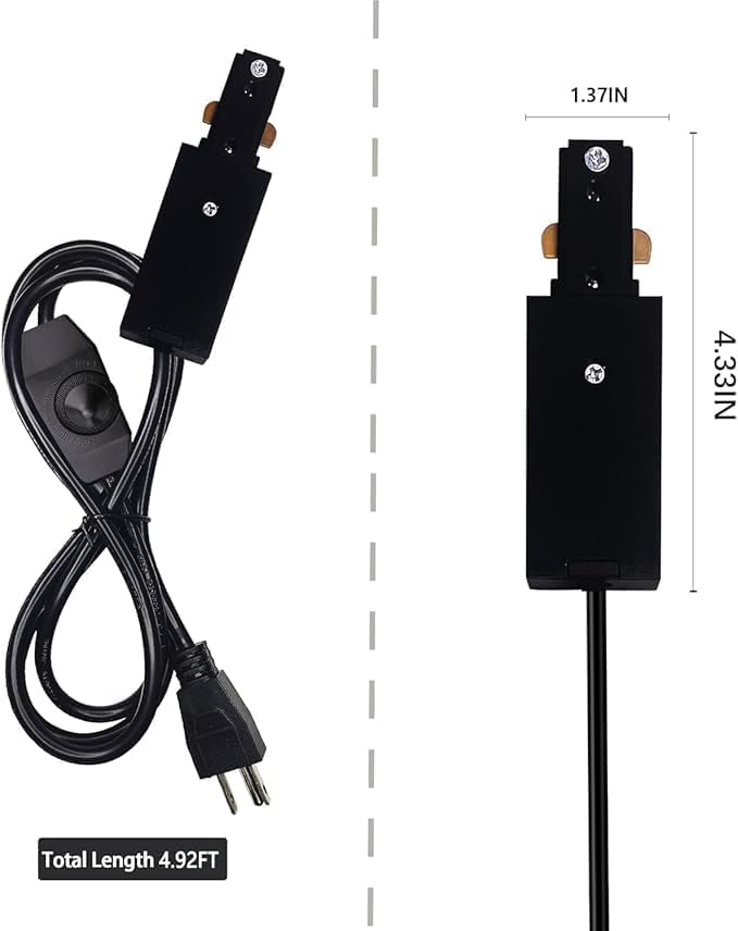 Black Track Lighting Live End Cord, 4.92FT H Track Live End Feed Connector with Inline Dimmer Switch, Suitable for H Type Single Circuit 3-Wire-1 Track Lighting Systems