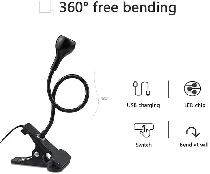 LED Desk Lamp Clip On Light,360°Flexible Gooseneck and Clamp Reading Light | Portable USB Powered Task Light With Clamp ,Night Light Clip on for Desk, Bed Headboard and Computers Black