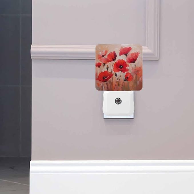 Poppy LED Night Lights Plug into Wall Red 0.5W Plug in Night Light, Dusk to Dawn, Bright Nightlight Auto On/Off, for Room Bedroom Bathroom