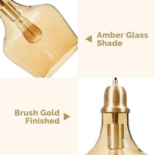 Ink+Ivy Auburn Pendant Kitchen Lighting for Dining Room, Industrial Lights, Hand-Blown Glass Bell Shaped Pendant Light for Kitchen Island, Foyer, Bedroom, 9" Dia x 95.5" H, Gold/Amber