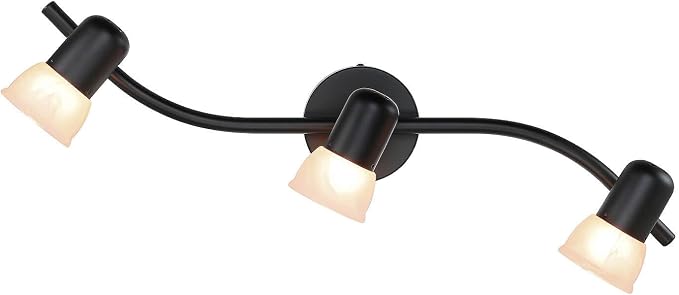 XiNBEi Lighting Black Track Lighting Kit with Glass for Kitchen, 3 Light | Curved Ceiling Spot Light, E26, S-Shaped Bar, Rotatable Head, Ceiling Light Fixture, For Kitchen Sink & Bathroom Hallway