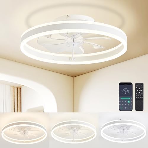 Ceiling Fans with Lights and Remote Fandelier 20''- Low Profile Modern - Flush Mount Ceiling Fans for Bedroom,Stepless Color Temperature and 6 Speeds - White