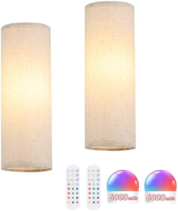 Shenmoyl Adhesive Battery Operated Wall Sconce Set of 2, 6000 mAh Battery Rechargeable Bulb with 12 RGB Colors, Stick on Wall Sconce No Drill Wall Lights, Linen
