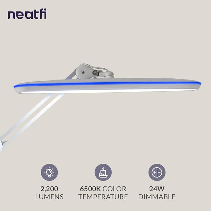 Neatfi XL 2,200 Lumens 24W LED Desk Lamp – 23” Wide Shade | Dimmable Eye-Caring Task Light | Adjustable Arm | Home Office, Study, Crafts & Nail Tech (Non-CCT with Clamp, White)