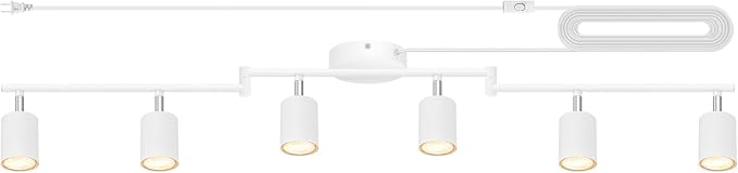 Plug in Track Lighting LED, Track Lighting Fixtures Ceiling, White 6-Light Kitchen Light Kit, Plug in Wall Light with 14.8ft Power Cord, Rotatable Ceiling Spotlight for Bedroom(GU10 Socket, NO Bulb)