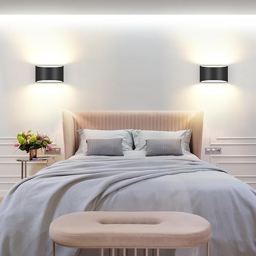 TRLIFE Modern Wall Sconces, 3000K/4000K/6000K Selectable and Dimmable LED Wall Sconce 12W Aluminum Wall Mounted Light Set of 2 Hardwired Wall Sconces for Bedroom Bedside Living Room Hallway(Black,2P)