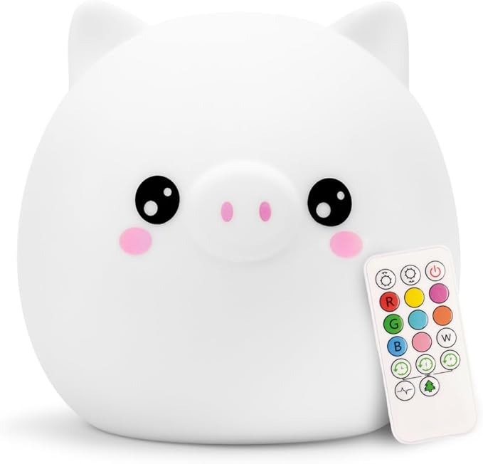 Pig Night Light with Remote, Squishy Silicone Lamp for Kids | Tap Control | Rechargeable 9-Color Changing Soft Glow | Nursery Nightlight for Kids | Portable Animal Nightlight | USB Cord