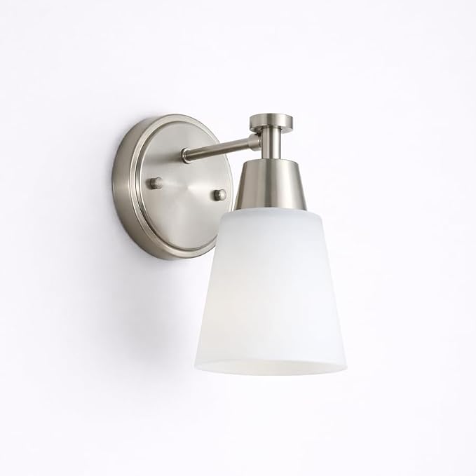 1-Light Bathroom Vanity Light, Brushed Nickel Finish Wall Sconce with Milk Glass, Over Mirror, for Bathroom Vanity