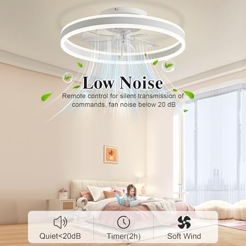Ceiling Fans with Lights and Remote Fandelier 20''- Low Profile Modern - Flush Mount Ceiling Fans for Bedroom,Stepless Color Temperature and 6 Speeds - White