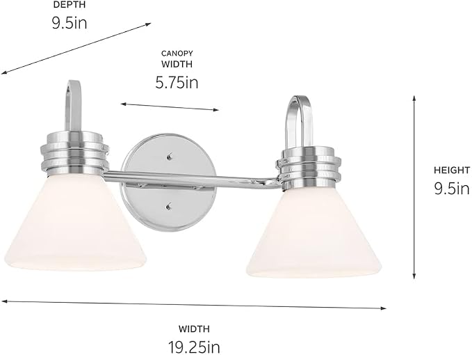 Kichler Farum 19.25" 2-Light Vanity Light with Opal Glass in Chrome, for Vanity, Jack & Jill Layout, Over a Mirror, (19.25" W x 9.5" H), 55154CH