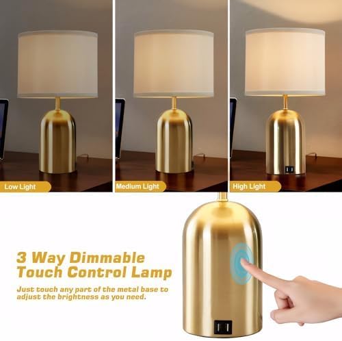 Bedside Lamp with USB Port, Touch Control Table Lamp for Bedroom, Dimmable Modern Nightstand Lamp with Fabric Shade Gold Base for Living Room, Dorm, Home Office, LED Bulb Included